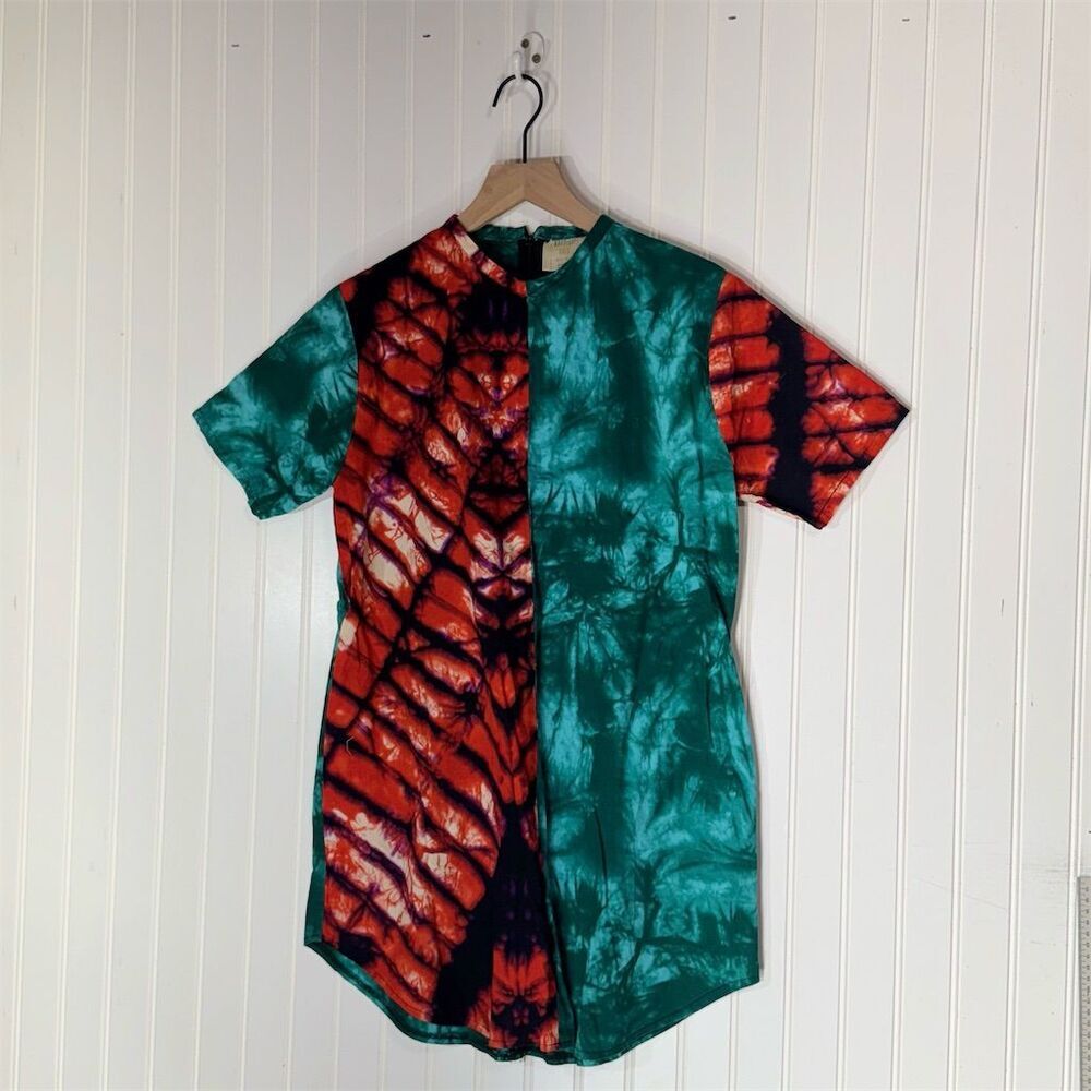 Mangishi Doll Tie-Dye Shirt Dress Abstract Green Red 4 Festival‎ Witchy Goblin